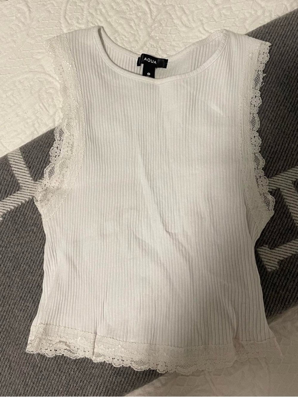 Aqua White Ribbed Lace-Trim Camisole
